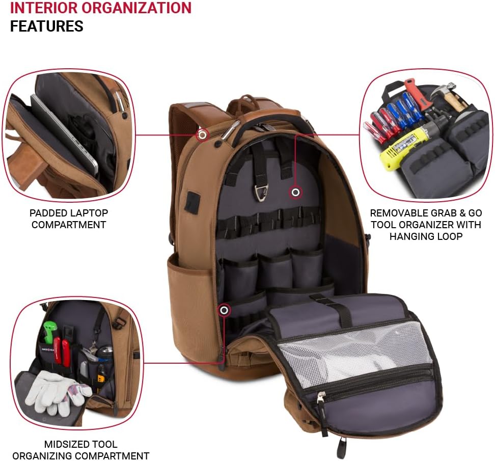 PackRanger Tool Bag Backpack, Fits Up to 15-Inch Laptop, Work Pack, Black/Brown Canvas