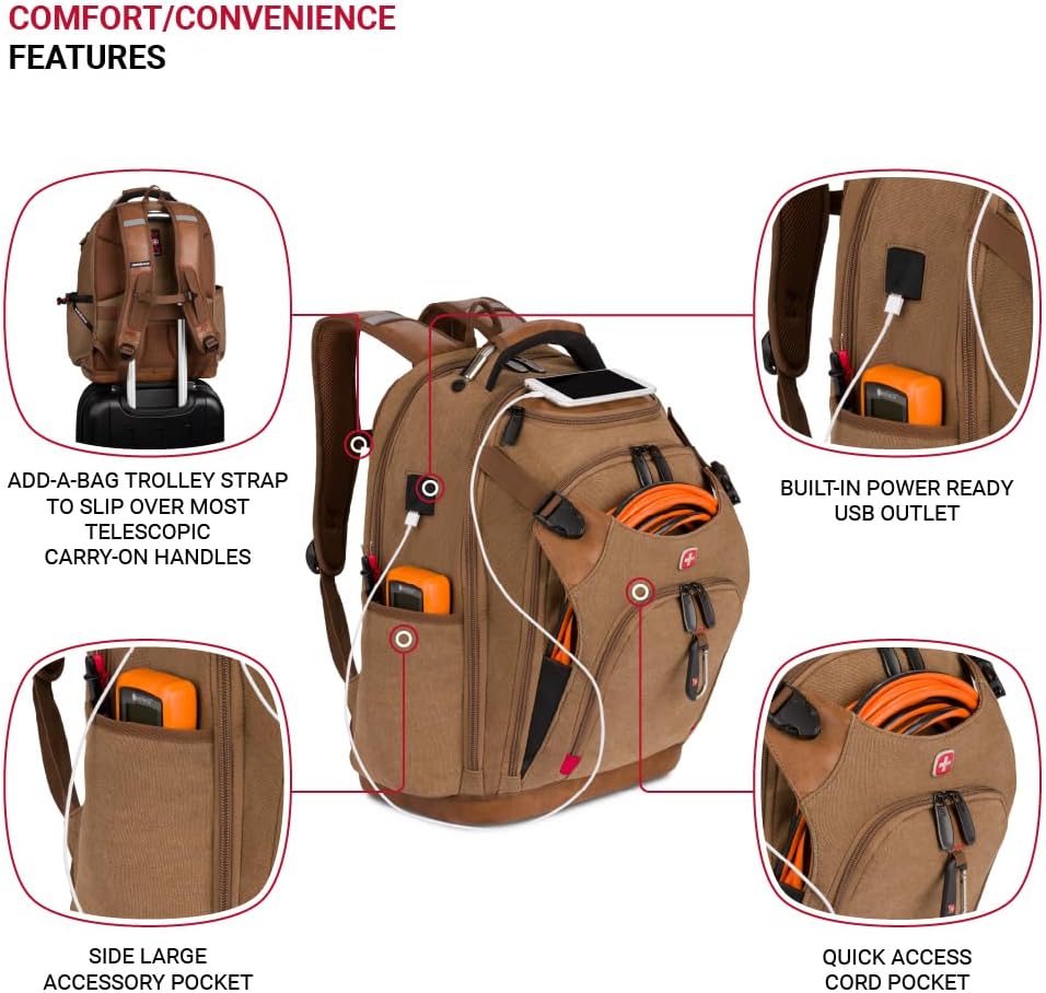 PackRanger Tool Bag Backpack, Fits Up to 15-Inch Laptop, Work Pack, Black/Brown Canvas