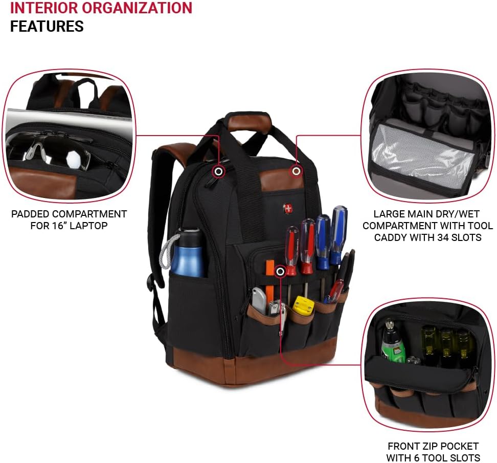PackRanger Tool Bag Backpack, Fits Up to 15-Inch Laptop, Work Pack, Black/Brown Canvas