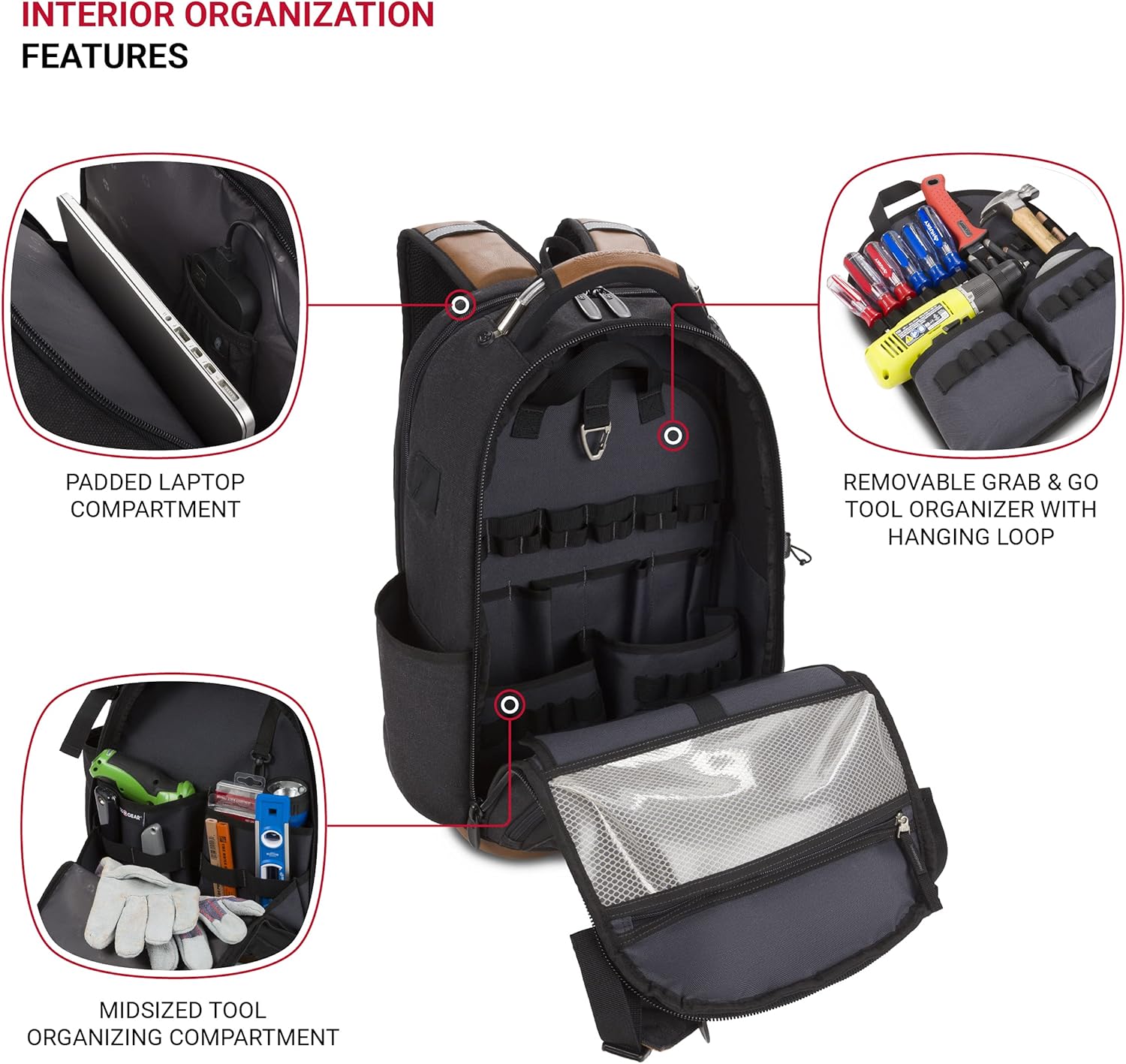PackRanger Tool Bag Backpack, Fits Up to 15-Inch Laptop, Work Pack, Black/Brown Canvas